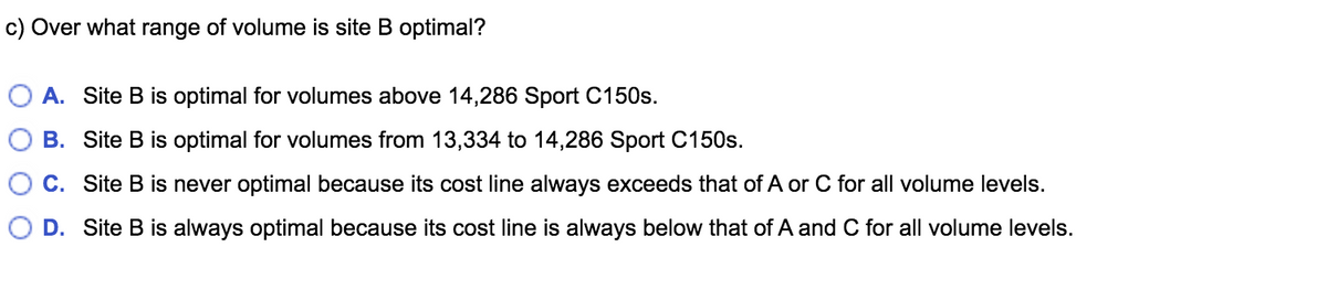 c) Over what range of volume is site B optimal?
O A. Site B is optimal for volumes above 14,286 Sport C150s.
B. Site B is optimal for volumes from 13,334 to 14,286 Sport C150s.
C. Site B is never optimal because its cost line always exceeds that of A or C for all volume levels.
D. Site B is always optimal because its cost line is always below that of A and C for all volume levels.
