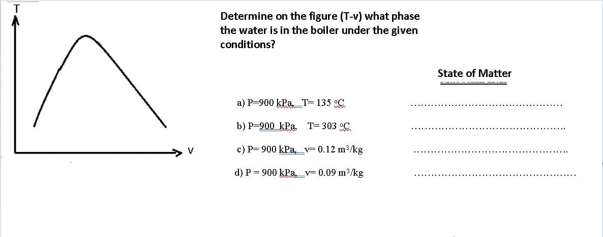 Determine on the figure (T-v) what phase
the water is in the boiler under the given
Iin
conditions?
State of Matter
a) P=900 kPa,_T= 135 °C
b) P=900 kPa, T= 303 °C
c) P= 900 kPa,_v= 0.12 m3/kg
d) P = 900 kPa, v= 0.09 m3/kg
