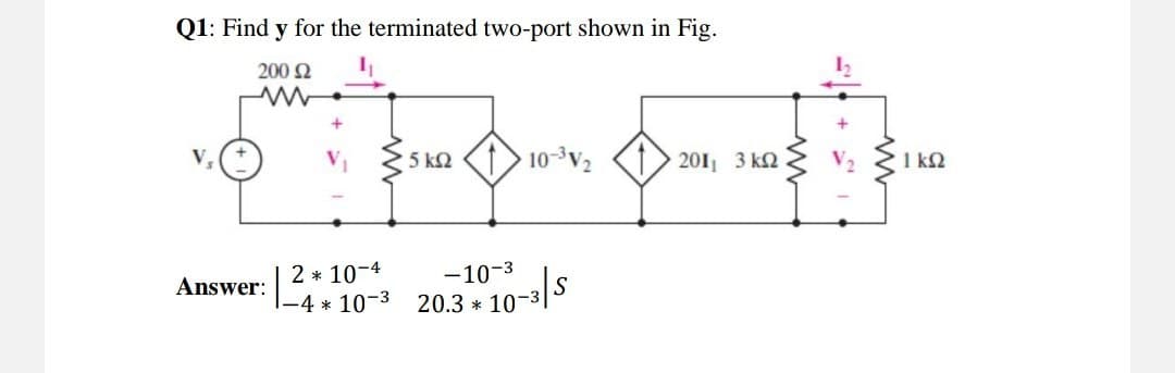 Q1: Find y for the terminated two-port shown in Fig.
200 Ω
Μ
Answer:
5 ΚΩ
10-362
2*10-4
-4*10-3 20.3*10-3/S
2013 ΚΩ
1ΚΩ