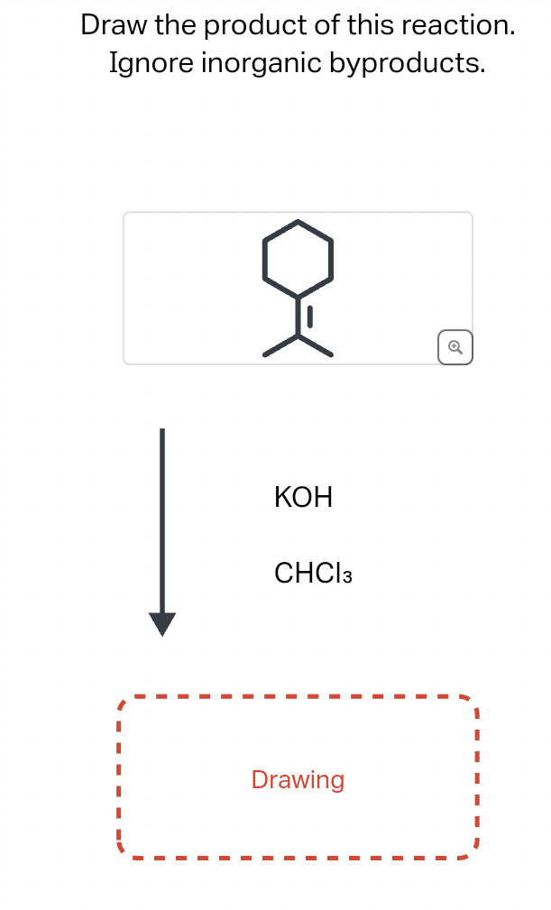Draw the product of this reaction.
Ignore inorganic byproducts.
KOH
CHCI 3
Drawing
Q
1
I