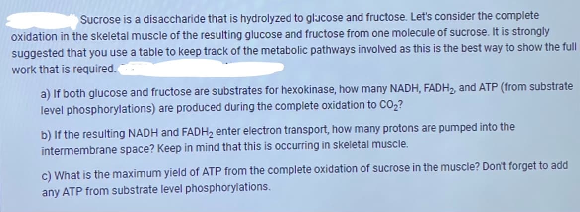 Sucrose is a disaccharide that is hydrolyzed to glucose and fructose. Let's consider the complete
oxidation in the skeletal muscle of the resulting glucose and fructose from one molecule of sucrose. It is strongly
suggested that you use a table to keep track of the metabolic pathways involved as this is the best way to show the full
work that is required.
a) If both glucose and fructose are substrates for hexokinase, how many NADH, FADH2, and ATP (from substrate
level phosphorylations) are produced during the complete oxidation to CO₂?
b) If the resulting NADH and FADH2 enter electron transport, how many protons are pumped into the
intermembrane space? Keep in mind that this is occurring in skeletal muscle.
c) What is the maximum yield of ATP from the complete oxidation of sucrose in the muscle? Don't forget to add
any ATP from substrate level phosphorylations.