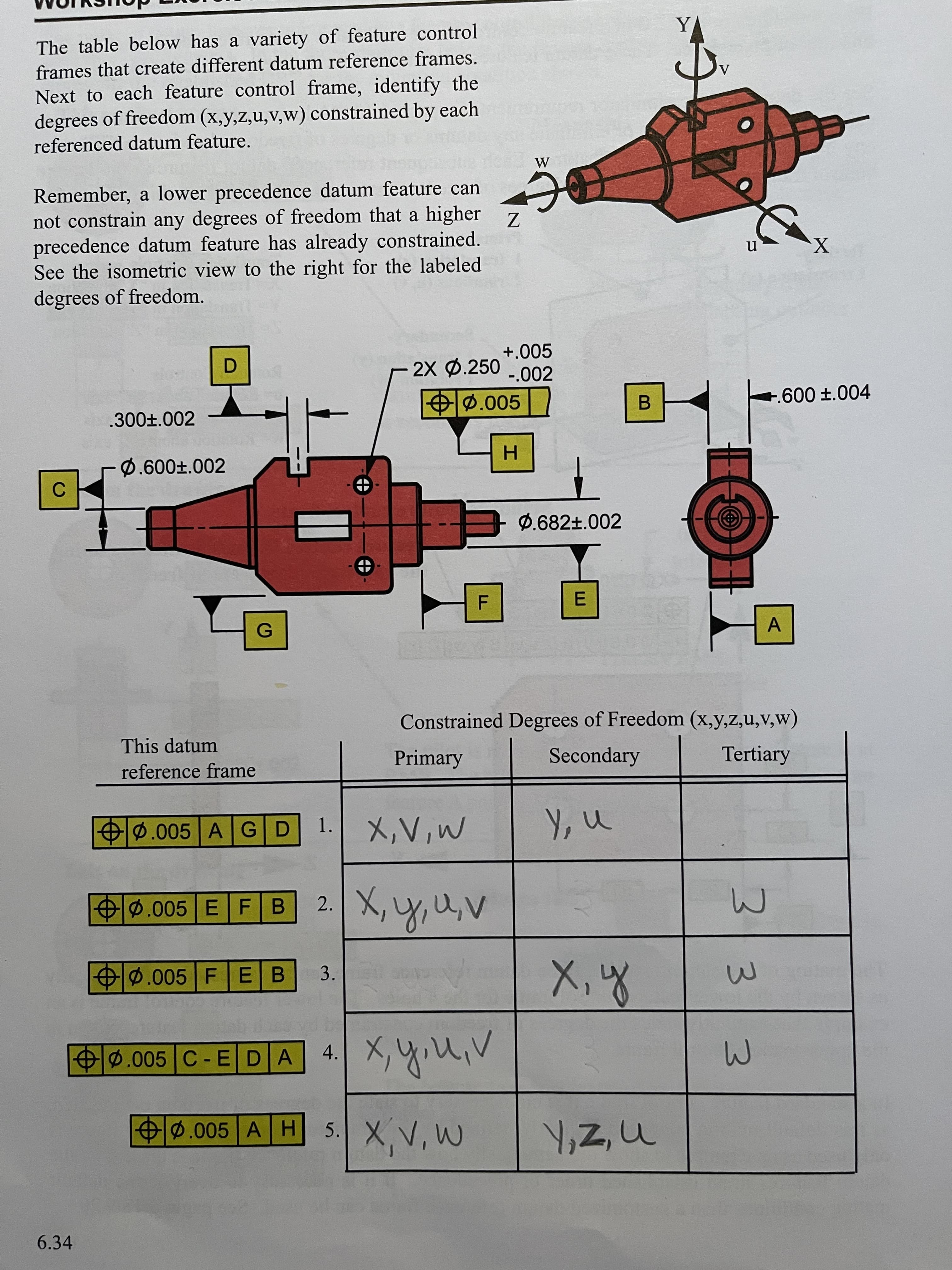 3.
The table below has a variety of feature control
frames that create different datum reference frames.
Next to each feature control frame, identify the
degrees of freedom (x,y,z,u,v,w) constrained by each
referenced datum feature.
Remember, a lower precedence datum feature can
not constrain any degrees of freedom that a higher 7
precedence datum feature has already constrained.
See the isometric view to the right for the labeled
degrees of freedom.
n
+.005
2X D.250 -.002
ø.005
B
-.600 ±.004
.300±.002
C.
0.682±.002
E.
Constrained Degrees of Freedom (x,y,z,u,v,w)
This datum
Primary
Secondary
Tertiary
reference frame
O ø.005 AGD
Ø.005 EFB
Ø.005 FEB
3.
ø.005 C- EDA
+ø.005 AH
6.34

