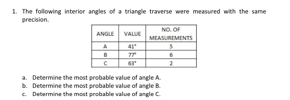 1. The following interior angles of a triangle traverse were measured with the same
precision.
NO. OF
ANGLE
VALUE
MEASUREMENTS
A
41°
B
77°
6.
63°
Determine the most probable value of angle A.
b. Determine the most probable value of angle B.
c. Determine the most probable value of angle C.
a.
