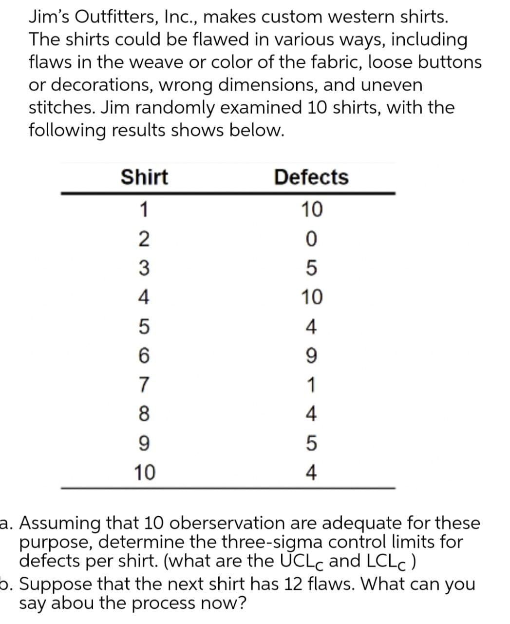 Jim's Outfitters, Inc., makes custom western shirts.
The shirts could be flawed in various ways, including
flaws in the weave or color of the fabric, loose buttons
or decorations, wrong dimensions, and uneven
stitches. Jim randomly examined 10 shirts, with the
following results shows below.
Shirt
1
23456 ∞
7
8
9
10
Defects
10
05
10
4
9
1
4
5
4
a. Assuming that 10 oberservation are adequate for these
purpose, determine the three-sigma control limits for
defects per shirt. (what are the UCLC and LCLC)
b. Suppose that the next shirt has 12 flaws. What can you
say abou the process now?