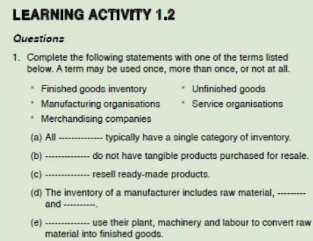 LEARNING ACTIVITY 1.2
Questions
1. Complete the following statements with one of the terms listed
below. A term may be used once, more than once, or not at all.
• Unfinished goods
• Service organisations
Finished goods inventory
Manufacturing organisations
• Merchandising companies
(a) All ---
typically have a single category of inventory.
(b) ----------- do not have tangible products purchased for resale.
(c)
------------ resell ready-made products.
(d) The inventory of a manufacturer includes raw material,
and ----------.
(e)
---------- use their plant, machinery and labour to convert raw
material into finished goods.
