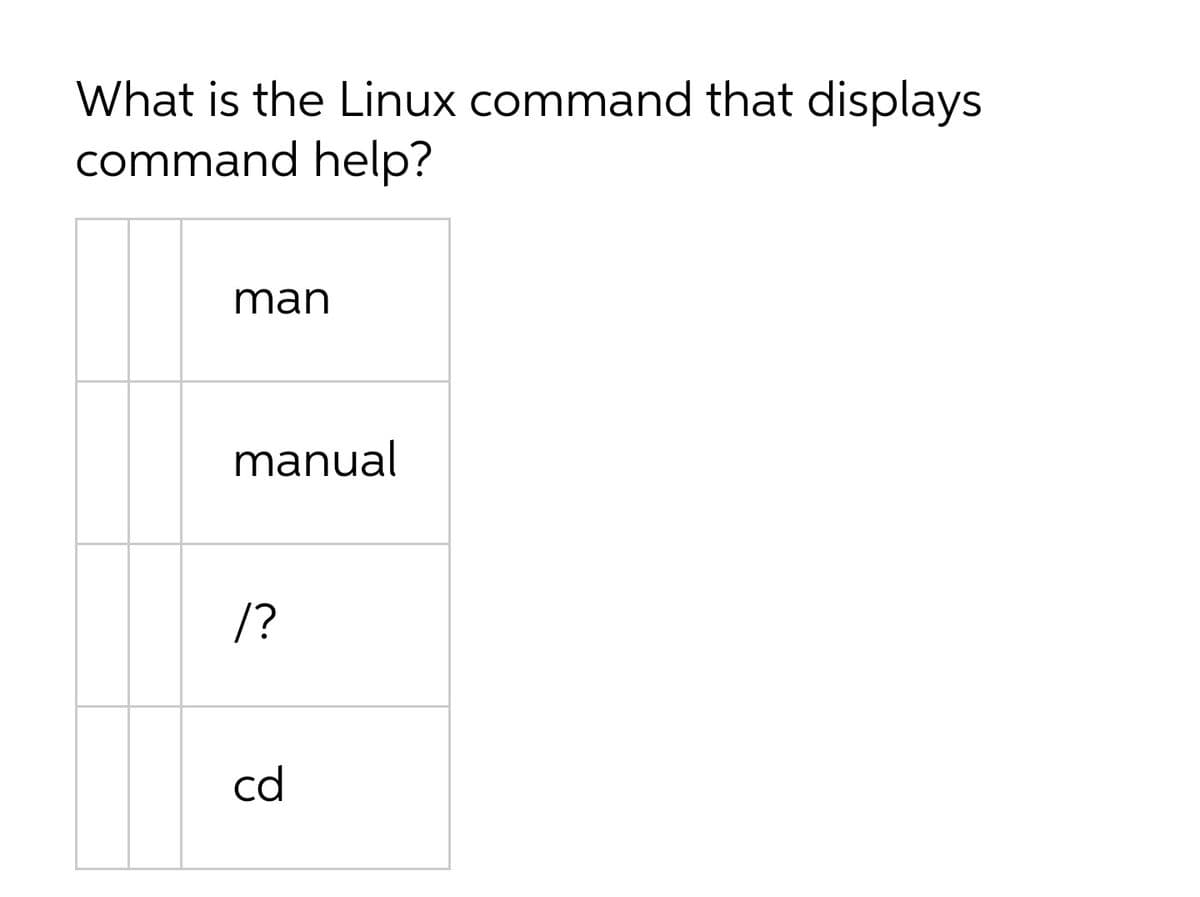 What is the Linux command that displays
command help?
man
manual
/?
cd

