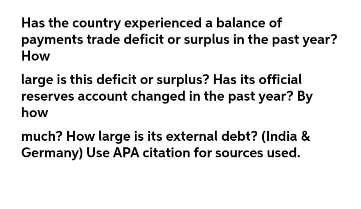 Has the country experienced a balance of
payments trade deficit or surplus in the past year?
How
large is this deficit or surplus? Has its official
reserves account changed in the past year? By
how
much? How large is its external debt? (India &
Germany) Use APA citation for sources used.
