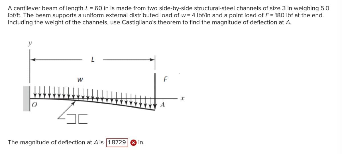 A cantilever beam of length L = 60 in is made from two side-by-side structural-steel channels of size 3 in weighing 5.0
lbf/ft. The beam supports a uniform external distributed load of w= 4 lbf/in and a point load of F= 180 lbf at the end.
Including the weight of the channels, use Castigliano's theorem to find the magnitude of deflection at A.
y
W
SE
L
The magnitude of deflection at A is 1.8729 * in.
FL
A
X