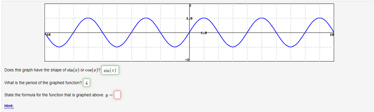Does this graph have the shape of sin(x) or cos(x)? sin(x)
What is the period of the graphed function? 4
State the formula for the function that is graphed above. y =
Hint:
10
}