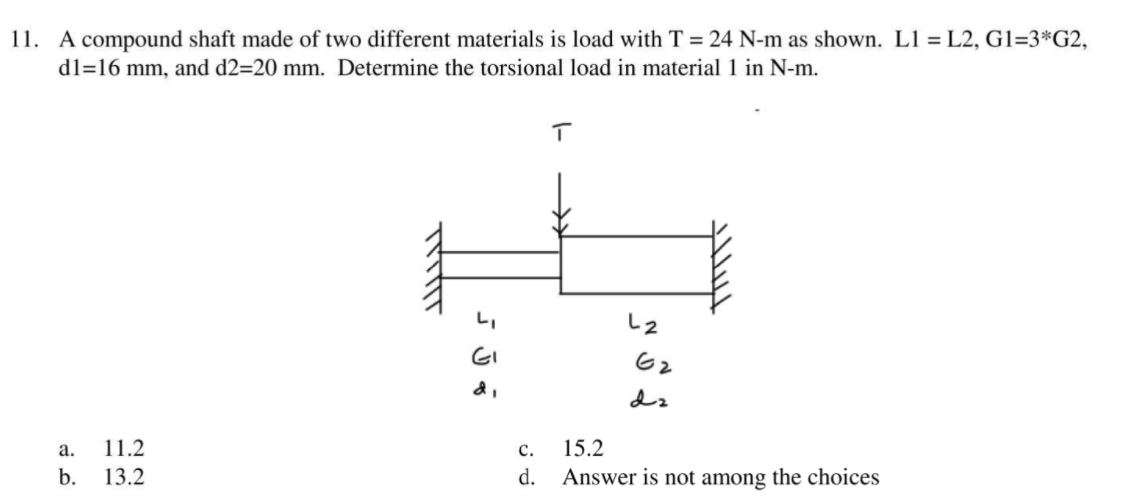 11. A compound shaft made of two different materials is load with T = 24 N-m as shown. L1 = L2, G1=3*G2,
d1=16 mm, and d2=20 mm. Determine the torsional load in material 1 in N-m.
し2
GI
G2
dz
а.
11.2
с.
15.2
b.
13.2
d.
Answer is not among the choices
