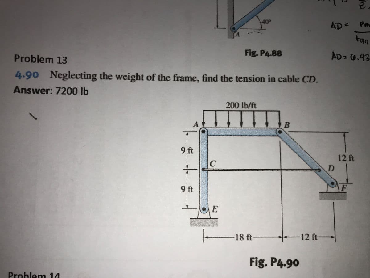 40°
AD=
kun
Fig. P4.88
AD=0.43
Problem 13
4.90 Neglecting the weight of the frame, find the tension in cable CD.
Answer: 720O lb
200lb/ft
At
9 ft
12 ft
9 ft
E
|-
-18 ft
12 ft-
Fig. P4.90
Prohlem 14
