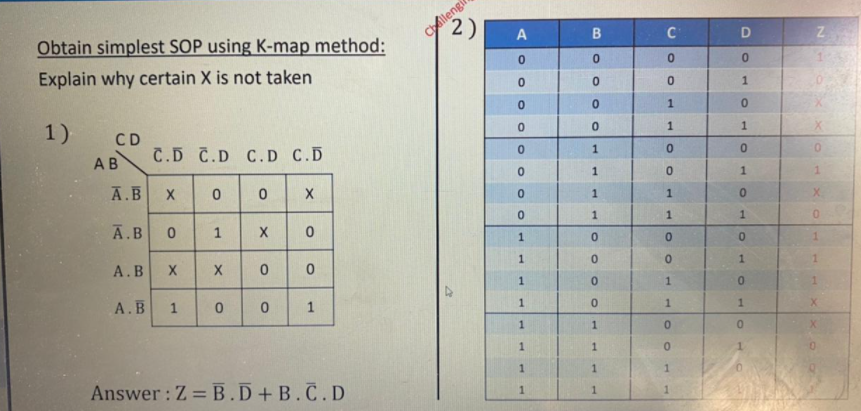 Clengi
2)
Obtain simplest SOP using K-map method:
C
Explain why certain X is not taken
1)
CD
C.D C.D C.D C.D
1.
АВ
0.
1.
A.B
A.B
1.
А.В
1.
А.В
1.
1.
1.
0.
1.
1.
1.
Answer: Z = B.D+B.C.D
1
1.
1.
1.

