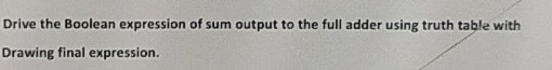 Drive the Boolean expression of sum output to the full adder using truth table with
Drawing final expression.

