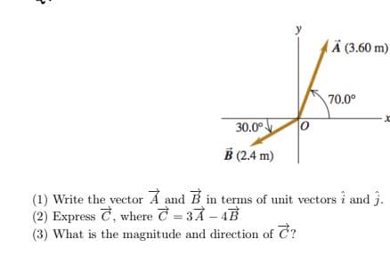 y
Ä (3.60 m)
70.0°
30.0°
B (2.4 m)
(1) Write the vector A and B in terms of unit vectors i and j.
(2) Express C, where C = 3À - 4B
(3) What is the magnitude and direction of C?
