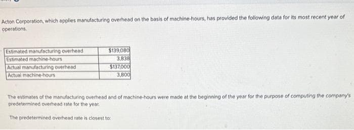 Acton Corporation, which applies manufacturing overhead on the basis of machine-hours, has provided the following data for its most recent year of
operations.
Estimated manufacturing overhead
Estimated machine-hours
Actual manufacturing overhead
Actual machine-hours
$139,080
3,838
$137,000
3,800
The estimates of the manufacturing overhead and of machine-hours were made at the beginning of the year for the purpose of computing the company's
predetermined overhead rate for the year.
The predetermined overhead rate is closest to:
