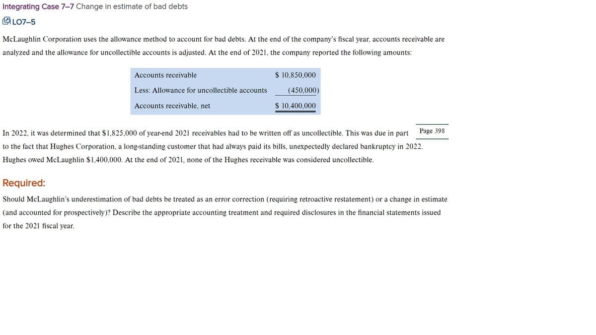 Integrating Case 7–7 Change in estimate of bad debts
LO7-5
McLaughlin Corporation uses the allowance method to account for bad debts. At the end of the company's fiscal year, accounts receivable are
analyzed and the allowance for uncollectible accounts is adjusted. At the end of 2021, the company reported the following amounts:
Accounts receivable
$ 10,850,000
Less: Allowance for uncollectible accounts
(450,000)
Accounts receivable, net
$ 10,400,000
In 2022, it was determined that $1,825,000 of year-end 2021 receivables had to be written off as uncollectible. This was due in part
Page 398
to the fact that Hughes Corporation, a long-standing customer that had always paid its bills, unexpectedly declared bankruptcy in 2022.
Hughes owed McLaughlin $1,400,000. At the end of 2021, none of the Hughes receivable was considered uncollectible.
Required:
Should McLaughlin's underestimation of bad debts be treated as an error correction (requiring retroactive restatement) or a change in estimate
(and accounted for prospectively)? Describe the appropriate accounting treatment and required disclosures in the financial statements issued
for the 2021 fiscal year.
