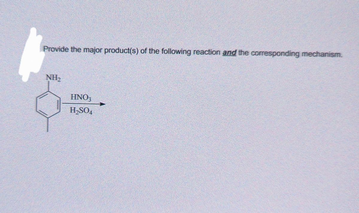 Provide the major product(s) of the following reaction and the corresponding mechanism.
NH₂
HNO3
H₂SO4