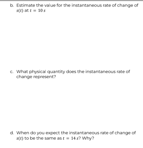 b. Estimate the value for the instantaneous rate of change of
s(t) at t = 10 s
c. What physical quantity does the instantaneous rate of
change represent?
d. When do you expect the instantaneous rate of change of
s(t) to be the same as t = 14 s? Why?