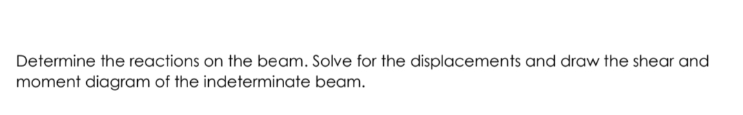 Determine the reactions on the beam. Solve for the displacements and draw the shear and
moment diagram of the indeterminate beam.
