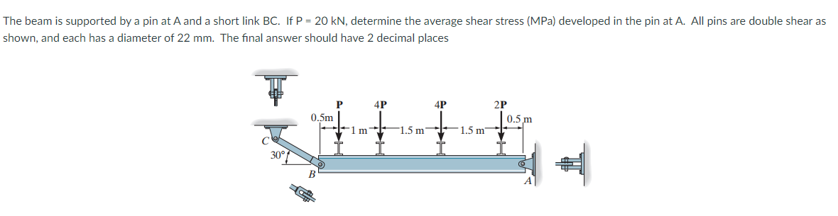 The beam is supported by a pin at A and a short link BC. If P = 20 kN, determine the average shear stress (MPa) developed in the pin at A. All pins are double shear as
shown, and each has a diameter of 22 mm. The final answer should have 2 decimal places
P
4P
4P
2P
0.5m
0.5 m
1 m
-1.5 m
1.5 m
30°
