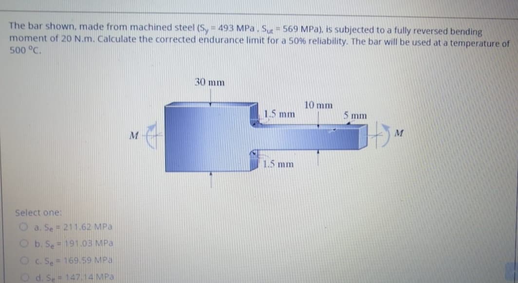 The bar shown, made from machined steel (S, = 493 MPa. Sut = 569 MPa), is subjected to a fully reversed bending
moment of 20 N.m. Calculate the corrected endurance limit for a 50% reliability. The bar will be used at a temperature of
500 °C.
30 mm
10 mm
1.5 mm
5 mm
1.5 mm
Select one:
O a. Se= 211.62 MPa
O b. S = 191.03 MPa
Oc. S. = 169.59 MPa
O d. Se = 147.14 MPa
