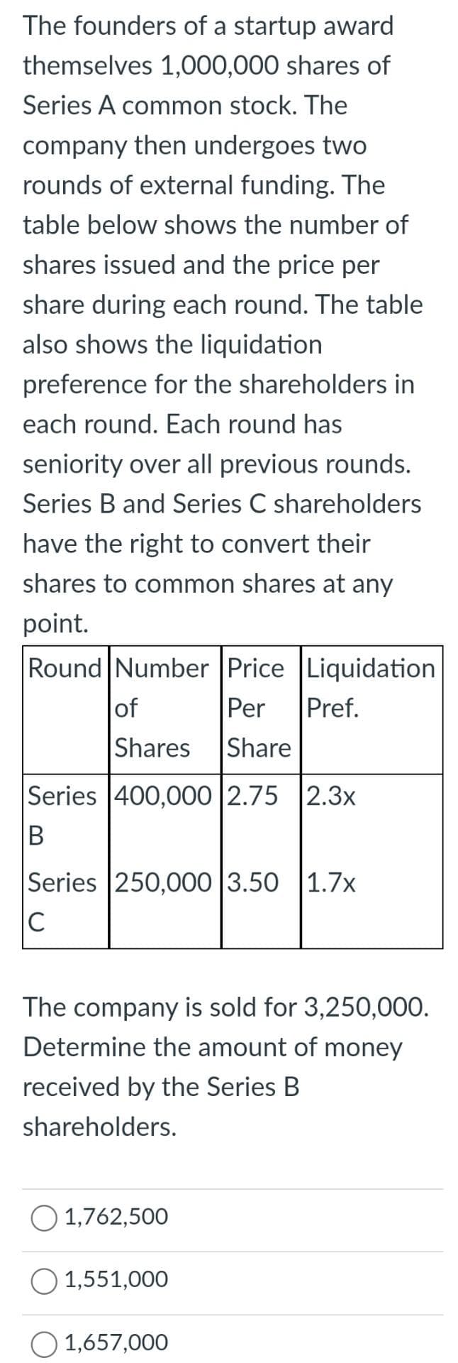 The founders of a startup award
themselves 1,000,000 shares of
Series A common stock. The
company then undergoes two
rounds of external funding. The
table below shows the number of
shares issued and the price per
share during each round. The table
also shows the liquidation
preference for the shareholders in
each round. Each round has
seniority over all previous rounds.
Series B and Series C shareholders
have the right to convert their
shares to common shares at any
point.
Round Number Price Liquidation
of
Per
Pref.
Shares
Share
Series 400,000 2.75 2.3x
B
Series 250,00 |3.50 |1.7x
C
The company is sold for 3,250,000.
Determine the amount of money
received by the Series B
shareholders.
O 1,762,500
O 1,551,000
1,657,000
