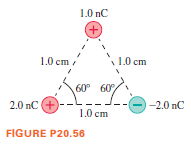 1.0 nC
1.0 cm /
1.0 cm
60° 60
2.0 nC +
-2.0 nC
1.0 cm
FIGURE P20.56
