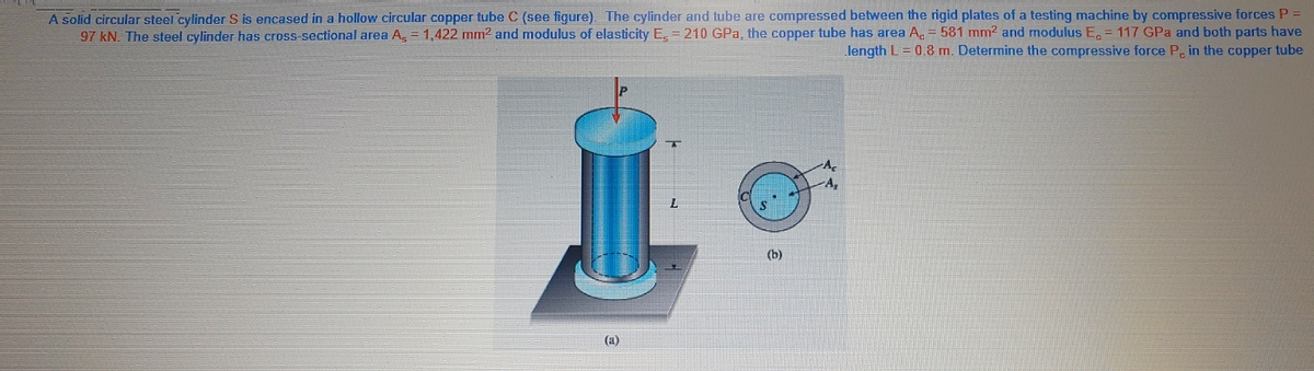 A solid circular steel cylinder S is encased in a hollow circular copper tube C (see figure). The cylinder and tube are compressed between the rigid plates of a testing machine by compressive forces P =
97 kN. The steel cylinder has cross-sectional area A, = 1,422 mm2 and modulus of elasticity E, = 210 GPa, the copper tube has area A, = 581 mnm2 and modulus E = 117 GPa and both parts have
length L = 0.8 m. Determine the compressive force P, in the copper tube
(b)
(a)
