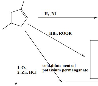 H2, Ni
HBr, ROOR
cold dilute neutral
1. O3
2. Zn, HCI potaskjum permanganate
