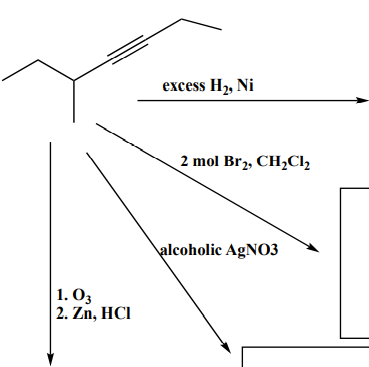 excess H2, Ni
2 mol Br2, CH,Cl2
\alcoholic AgNO3
1. O3
| 2. Zn, HCI
