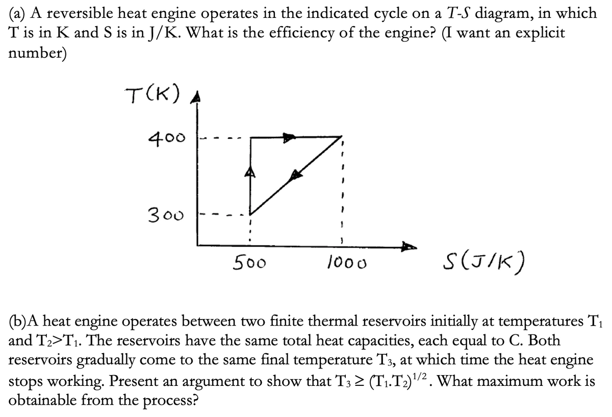 (a) A reversible heat engine operates in the indicated cycle on a T-S diagram, in which
T is in K and S is in J/K. What is the efficiency of the engine? (I want an explicit
number)
T(K) A
400
300
500
S(JIK)
1000
(b)A heat engine operates between two finite thermal reservoirs initially at temperatures T1
and T2>T1. The reservoirs have the same total heat capacities, each equal to C. Both
reservoirs gradually come to the same final temperature T3, at which time the heat engine
stops working. Present an argument to show that T3 2 (T1.T2)/². What maximum work is
obtainable from the process?
