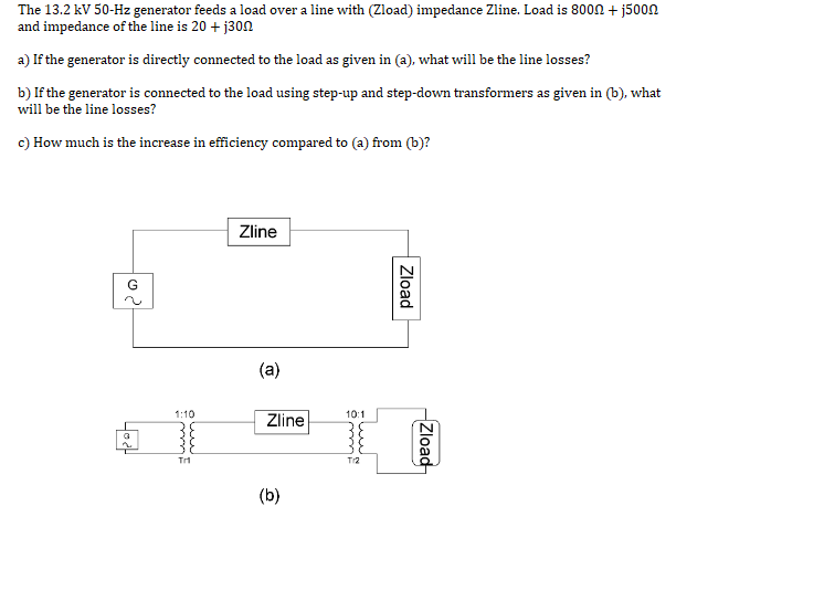 The 13.2 kV 50-Hz generator feeds a load over a line with (Zload) impedance Zline. Load is 800n + j500n
and impedance of the line is 20 + j300
a) If the generator is directly connected to the load as given in (a), what will be the line losses?
b) If the generator is connected to the load using step-up and step-down transformers as given in (b), what
will be the line losses?
c) How much is the increase in efficiency compared to (a) from (b)?
Zline
2.
(a)
1:10
10:1
Zline
Tr
Tr2
(b)
Zload
Zload
