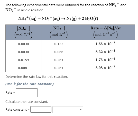 The following experimental data were obtained for the reaction of NH4+ and
NO2 in acidic solution.
NH4+ (aq) + NO2(aq) → N2(g) + 2 H2O(l)
[NH+]
[NO2]
Rate =A[N2]/At
(mol L-¹)
(mol L-¹)
(mol L-¹ s¹)
0.0030
0.132
1.66 x 10-7
0.0030
0.066
8.32 × 10-8
0.0159
0.264
1.76 x 10-6
0.0081
0.264
8.98 × 10-7
Determine the rate law for this reaction.
(Use k for the rate constant.)
Rate=
Calculate the rate constant.
Rate constant =