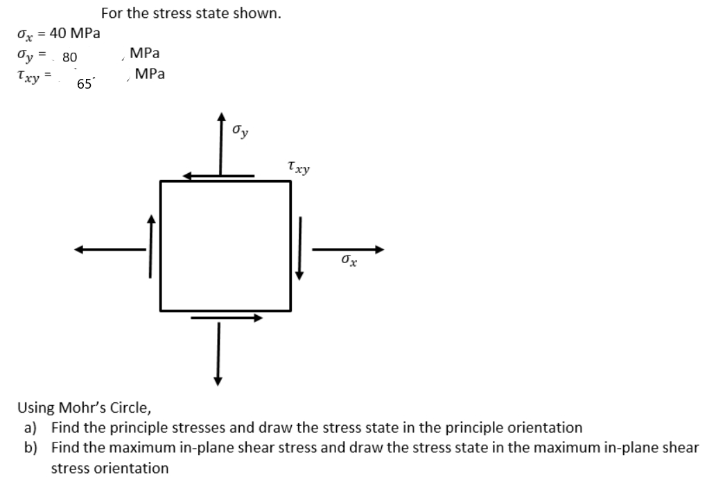 For the stress state shown.
Ox = 40 MPa
MPa
Oy =
80
MPa
Txy
%3D
65
Oy
Txy
Using Mohr's Circle,
a) Find the principle stresses and draw the stress state in the principle orientation
b) Find the maximum in-plane shear stress and draw the stress state in the maximum in-plane shear
stress orientation

