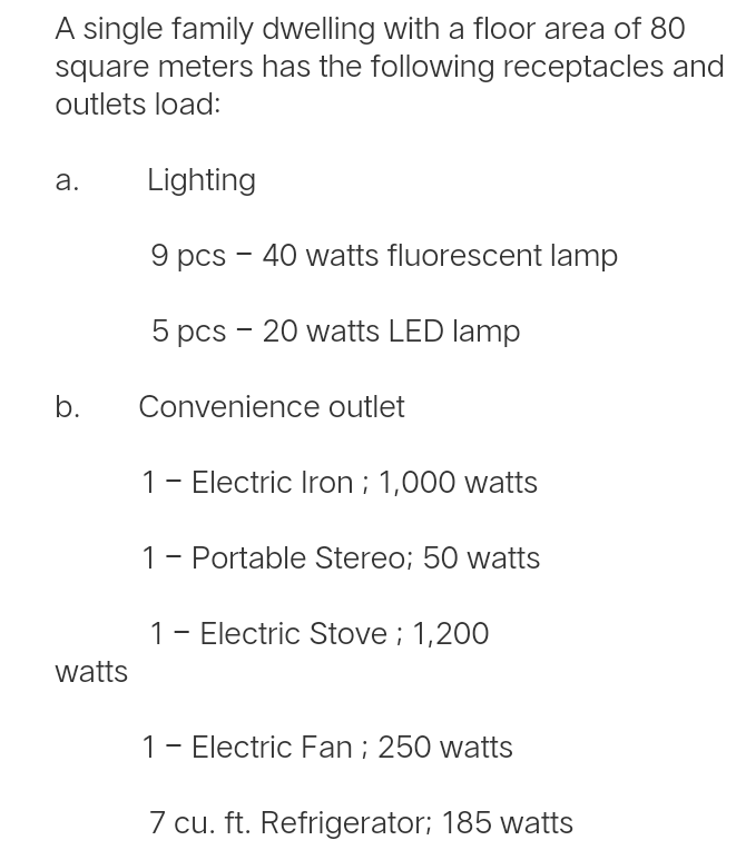 A single family dwelling with a floor area of 80
square meters has the following receptacles and
outlets load:
а.
Lighting
9 pcs - 40 watts fluorescent lamp
5 pcs - 20 watts LED lamp
b.
Convenience outlet
1- Electric Iron ; 1,000 watts
1- Portable Stereo; 50 watts
1- Electric Stove ; 1,200
watts
1- Electric Fan ; 250 watts
7 cu. ft. Refrigerator; 185 watts
