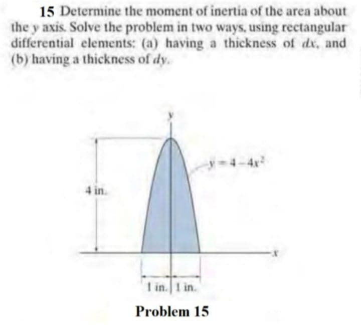 15 Determine the moment of inertia of the area about
the y axis. Solve the problem in two ways, using rectangular
differential elements: (a) having a thickness of dx, and
(b) having a thickness of dy.
y=4-4
4 in.
1 in. I in.
Problem 15
