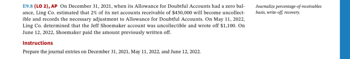 E9.8 (LO 2), AP On December 31, 2021, when its Allowance for Doubtful Accounts had a zero bal-
ance, Ling Co. estimated that 2% of its net accounts receivable of $450,000 will become uncollect-
ible and records the necessary adjustment to Allowance for Doubtful Accounts. On May 11, 2022,
Ling Co. determined that the Jeff Shoemaker account was uncollectible and wrote off $1,100. On
June 12, 2022, Shoemaker paid the amount previously written off.
Instructions
Prepare the journal entries on December 31, 2021, May 11, 2022, and June 12, 2022.
Journalize percentage-of-receivables
basis, write-off, recovery.