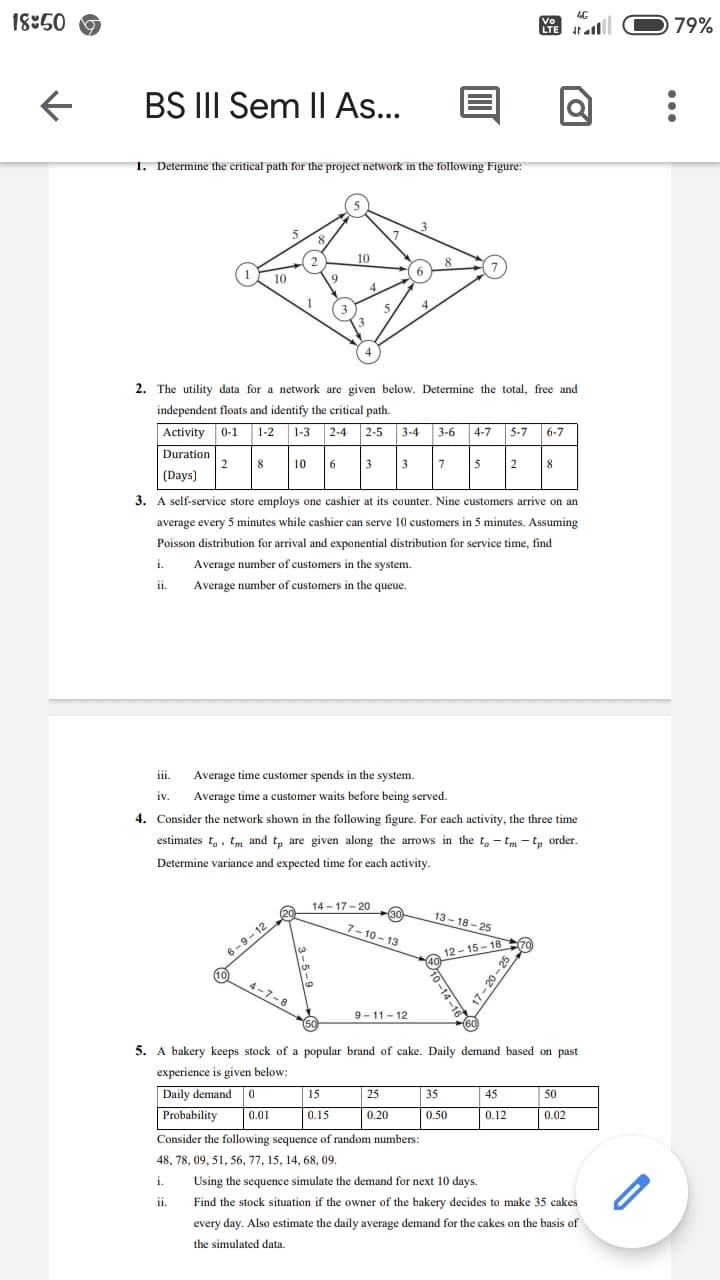 18:50
←
6-9-12
9
BS III Sem II As...
目
1. Determine the critical path for the project network in the following Figure:
3
7
10
1
4
4
2. The utility data for a network are given below. Determine the total, free and
independent floats and identify the critical path.
3-4 3-6
4-7 5-7 6-7
Activity 0-1 1-2 1-3 2-4 2-5
Duration
(Days)
2
8
10
6 3 3 7
5 2 8
3. A self-service store employs one cashier at its counter. Nine customers arrive on an
average every 5 minutes while cashier can serve 10 customers in 5 minutes. Assuming
Poisson distribution for arrival and exponential distribution for service time, find
i.
Average number of customers in the system.
ii.
Average number of customers in the queue.
iii.
Average time customer spends in the system.
iv.
Average time a customer waits before being served.
4. Consider the network shown in the following figure. For each activity, the three time
estimates to, tm and tp are given along the arrows in the to-tm - tp order.
Determine variance and expected time for each activity.
14-17-20 30
13-18-25
7-10-13
3
10
4
$
6
12-15-18
0-14-16
Vo
LTE
17-20-25
4G
(10
4-7-8
9-11-12
5. A bakery keeps stock of a popular brand of cake. Daily demand based on past
experience is given below:
25
15
35
45
50
Daily demand 0
0.15
0.20
0.50
0.12
0.02
Probability 0.01
Consider the following sequence of random numbers:
48, 78, 09, 51, 56, 77, 15, 14, 68, 09.
i.
Using the sequence simulate the demand for next 10 days.
ii.
Find the stock situation if the owner of the bakery decides to make 35 cakes
every day. Also estimate the daily average demand for the cakes on the basis of
the simulated data.
ا
79%
●●●●