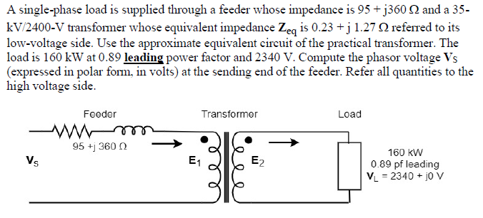 A single-phase load is supplied through a feeder whose impedance is 95 + j360 2 and a 35-
kV/2400-V transformer whose equivalent impedance Zeq is 0.23 +j 1.27 N referred to its
low-voltage side. Use the approximate equivalent circuit of the practical transformer. The
load is 160 kW at 0.89 leading power factor and 2340 V. Compute the phasor voltage Vs
(expressed in polar form, in volts) at the sending end of the feeder. Refer all quantities to the
high voltage side.
Feeder
Transformer
Load
95 +j 360 0
160 kW
Vs
E1
E2
0.89 pf leading
VL = 2340 + jo Vv
