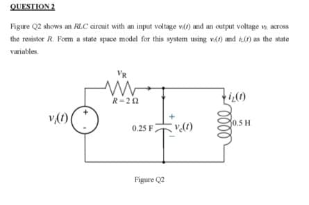 QUESTION 2
Figure Q2 shows an RLC circuit with an input voltage v() and an output voltage vs across
the resistor R. Form a state space model for this system using v(f) and (7) as the state
variables.
v/t)
VR
R=202
0.25 F
Figure Q2
v (1)
iz(1)
0000
30.5 H
