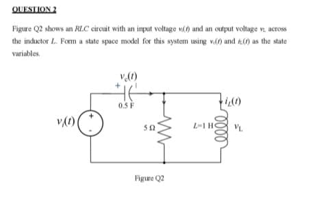QUESTION 2
Figure Q2 shows an RLC circuit with an input voltage () and an output voltage v. across
the inductor L. Form a state space model for this system using v.() and (7) as the state
variables.
v(1)
V. (1)
0.5 F
502
Figure Q2
12(1)
L-1 H
elle
VL