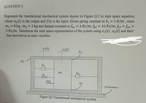 QUESTION 2
Represent the translational mechanical system shown in Figure Q.2 in state space equation,
where x₂ (t) is the output and f(t) is the input. Given spring constant as k₁ = 1 N/m, mass
m₁ = 8 kg, m₂ = 3 kg and damper constant as fv1 = 4 Ns/m, fv2 = 16 Ns/m, fv3 = fv4=
5 Ns/m. Determine the state space representation of the system using x₁ (t), x₂ (t) and their
first derivatives as state variables.
=
m₂
x₁ (t)
for
0000
f(t)
x₂ (t)
M2
fu3
fuz
fur
Figure Q2 Translational mechanical system
frictionless