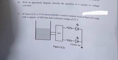 (b) With an appropriate diagram, describe the operation of a current to voltage
converter
(c) In Figure Q.2c, a 12 bit microcontroller is used to monitor level of fuel-oil's tank
with a capacity of 5000 liser and a reference voltage of 25 V.
DAC
Figure 0.2c
www
Indicator bar