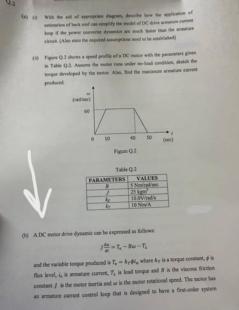 With the aid of appropriate diagram, describe how the application of
estimation of back emf can simplify the model of DC drive armature current
loop if the power converter dynamics are much faster than the armature
circuit. (Also state the required assumptions need to be established)
(ii) Figure Q.2 shows a speed profile of a DC motor with the parameters given
in Table Q.2. Assume the motor runs under no-load condition, sketch the
torque developed by the motor. Also, find the maximum armature current
produced.
(10)
(rad/sec)
60
0
10
J
kg
KT
PARAMETERS
B
40
Figure Q.2
dt
Table Q.2
50
VALUES
5 Nm/rad/sec
25 kgm
10.0V/rad/s
10 Nm/A
(b) A DC motor drive dynamic can be expressed as follows:
= T₂ - Bw-T₁
t
(sec)
and the variable torque produced is Te = krpia where kr is a torque constant, is
flux level, iis armature current, T, is load torque and B is the viscous friction
constant. J is the motor inertia and wo is the motor rotational speed. The motor has
an armature current control loop that is designed to have a first-order system