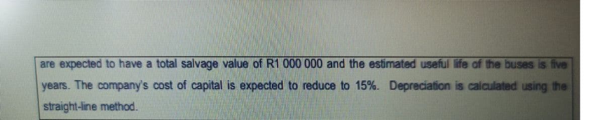 are expected to have a total salvage value of R1 000 000 and the estimated useful life of the buses is five
years. The company's cost of capital is expected to reduce to 15%. Depreciation is calculated using the
straight-line method.