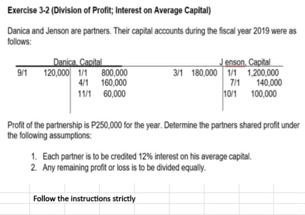 Exercise 3-2 (Division of Profit; Interest on Average Capital)
Danica and Jenson are partners. Their capital accounts during the fiscal year 2019 were as
follows:
Danica, Capital
120,000 1/1 800,000
4/1 160,000
60,000
J enson. Capital
3/1 180,000 1/1 1,200,000
7/1
9/1
140,000
11/1
10/1
100,000
Profit of the partnership is P250,000 for the year. Determine the partners shared profit under
the following assumptions:
1. Each partner is to be credited 12% interest on his average capital.
2. Any remaining profit or loss is to be divided equally.
Follow the instructions strictly
