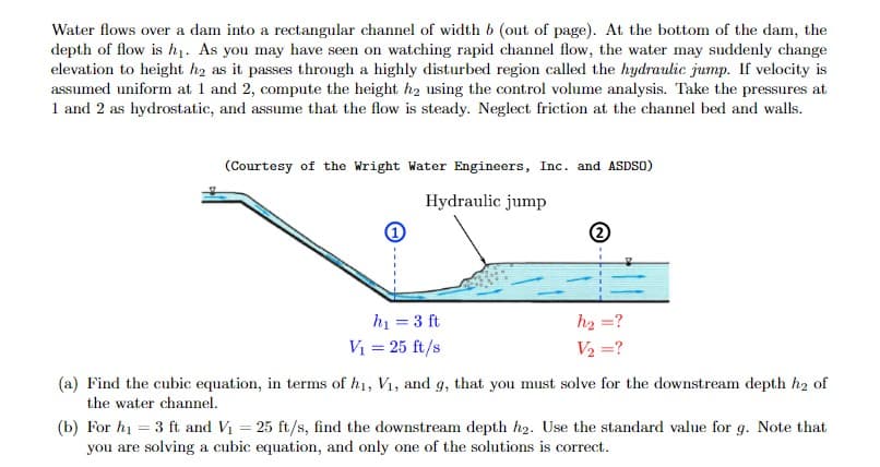 Water flows over a dam into a rectangular channel of width b (out of page). At the bottom of the dam, the
depth of flow is h₁. As you may have seen on watching rapid channel flow, the water may suddenly change
elevation to height h₂ as it passes through a highly disturbed region called the hydraulic jump. If velocity is
assumed uniform at 1 and 2, compute the height h2 using the control volume analysis. Take the pressures at
1 and 2 as hydrostatic, and assume that the flow is steady. Neglect friction at the channel bed and walls.
(Courtesy of the Wright Water Engineers, Inc. and ASDSO)
Hydraulic jump
h₁ = 3 ft
V₁ = 25 ft/s
BE
2
h₂ =?
V₂ = ?
(a) Find the cubic equation, in terms of h₁, V₁, and g, that you must solve for the downstream depth h₂ of
the water channel.
(b) For h₁ = 3 ft and V₁ = 25 ft/s, find the downstream depth h₂. Use the standard value for g. Note that
you are solving a cubic equation, and only one of the solutions is correct.