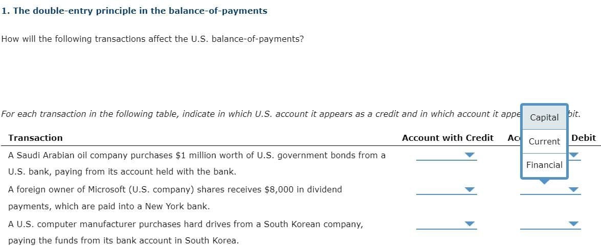 1. The double-entry principle in the balance-of-payments
How will the following transactions affect the U.S. balance-of-payments?
For each transaction in the following table, indicate in which U.S. account it appears as a credit and in which account it appe
Capital
bit.
Transaction
Account with Credit Ac
Debit
Current
A Saudi Arabian oil company purchases $1 million worth of U.S. government bonds from a
U.S. bank, paying from its account held with the bank.
Financial
A foreign owner of Microsoft (U.S. company) shares receives $8,000 in dividend
payments, which are paid into a New York bank.
A U.S. computer manufacturer purchases hard drives from a South Korean company,
paying the funds from its bank account in South Korea.