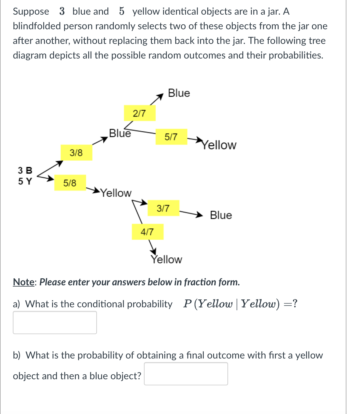 Suppose 3 blue and 5 yellow identical objects are in a jar. A
blindfolded person randomly selects two of these objects from the jar one
after another, without replacing them back into the jar. The following tree
diagram depicts all the possible random outcomes and their probabilities.
3 B
5 Y
3/8
5/8
Blue
Yellow
2/7
4/7
Blue
5/7
3/7
Yellow
Blue
Yellow
Note: Please enter your answers below in fraction form.
a) What is the conditional probability P(Yellow | Yellow) =?
b) What is the probability of obtaining a final outcome with first a yellow
object and then a blue object?