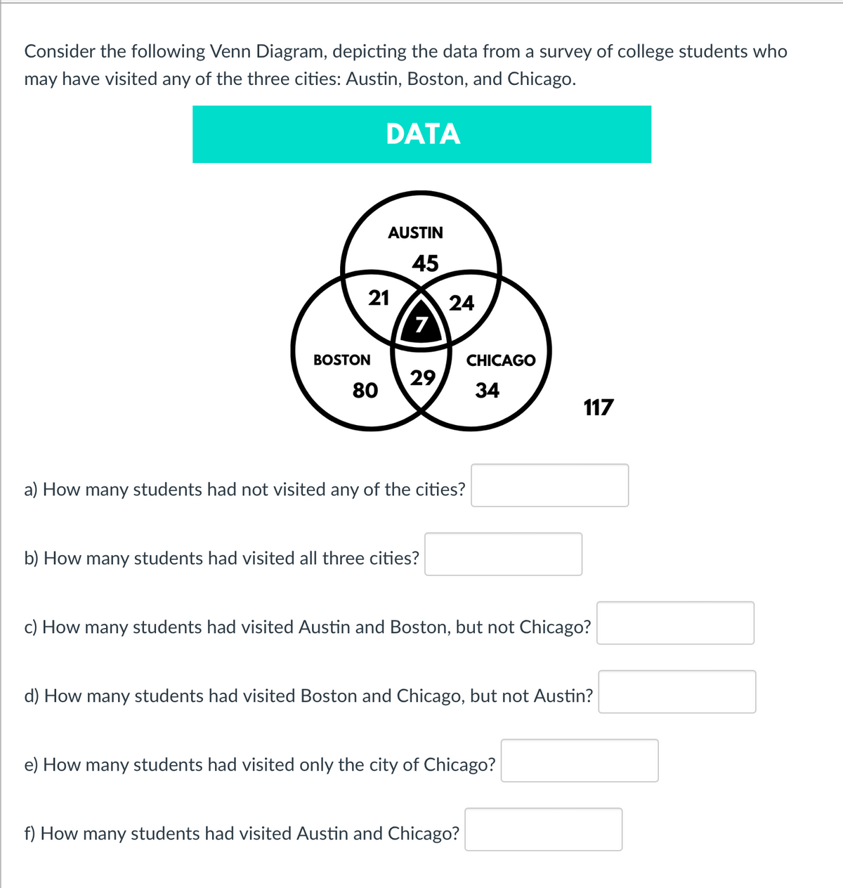 Consider the following Venn Diagram, depicting the data from a survey of college students who
may have visited any of the three cities: Austin, Boston, and Chicago.
DATA
21
BOSTON
AUSTIN
45
80
7
29
24
a) How many students had not visited any of the cities?
b) How many students had visited all three cities?
CHICAGO
34
c) How many students had visited Austin and Boston, but not Chicago?
117
d) How many students had visited Boston and Chicago, but not Austin?
e) How many students had visited only the city of Chicago?
f) How many students had visited Austin and Chicago?